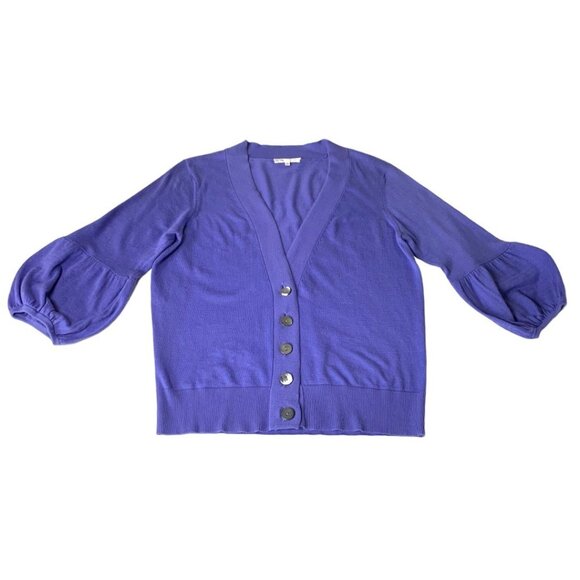 Vince Cardigan Sz.M Purple Cashmere Blend V-Neck Puff Sleeve Preppy Office Work - Picture 1 of 11